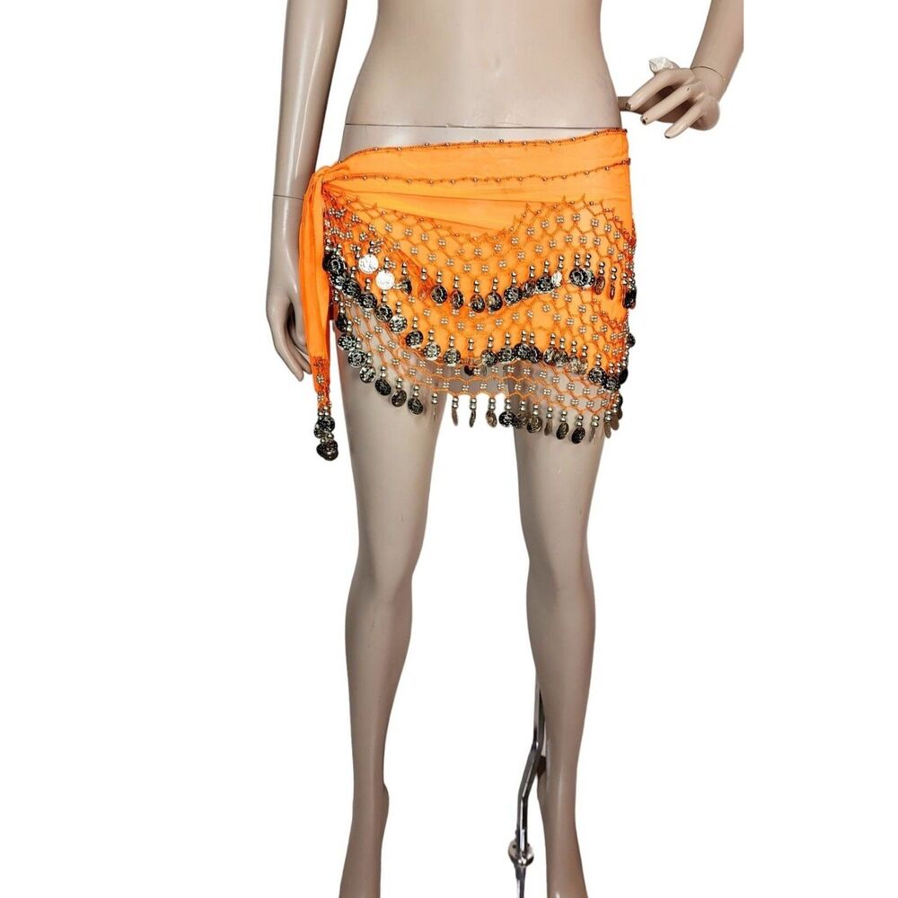 VTG Belly Dance Orange Shimmy Three Tiered Silver Coins Shaker Wrap Scarf Skirt